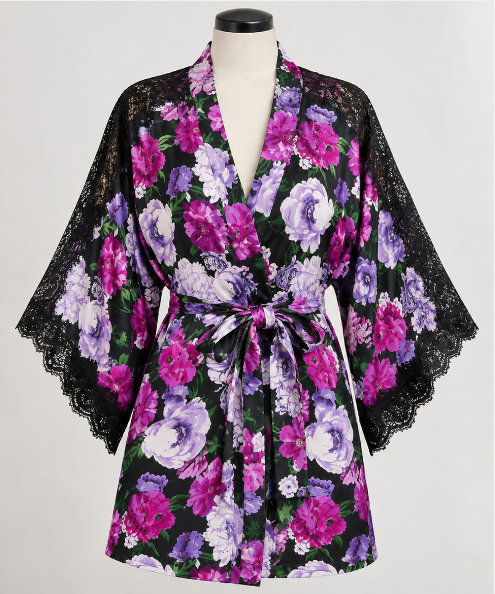 NEW VICTORIA'S SECRET BLACK FLORAL LACE INSET SATIN ROBE KIMONO SZ XS/S XS S